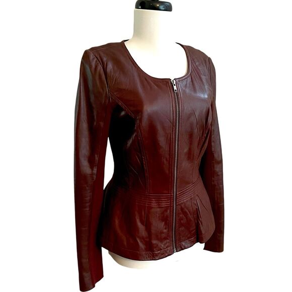 Hinge Leather Peplum Zip Jacket S Burgundy Red Witchy Preppy Mob Wife Capsule - Picture 2 of 13